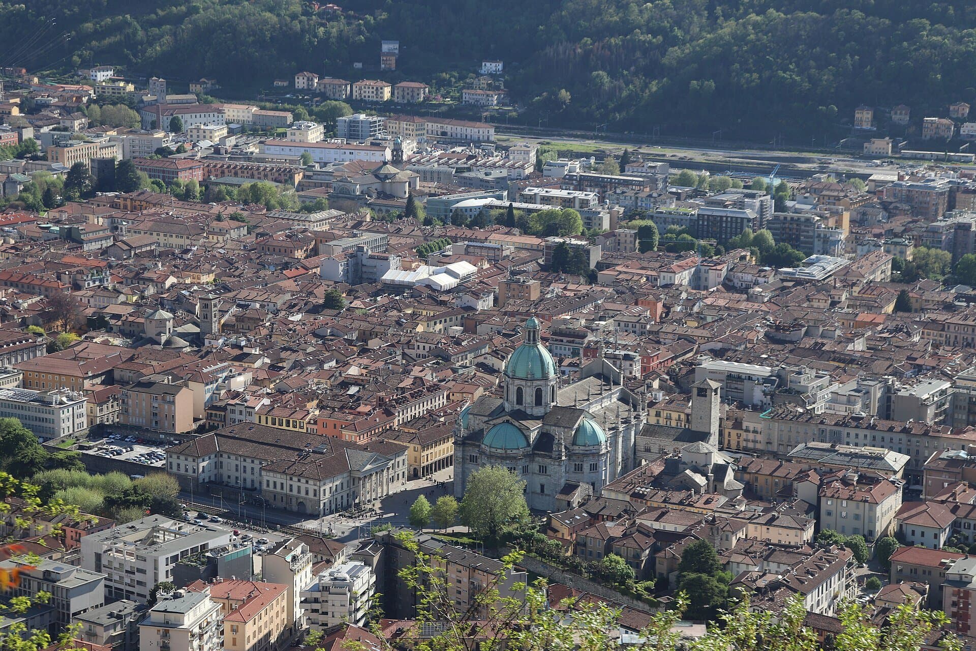 Como's old town and the dome of the cathedral seen from Brunate, with the first basin of the lake below